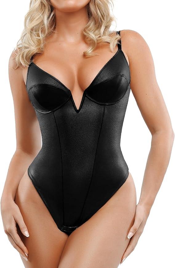Popilush Corset Bodysuit for Women Tummy Control Shapewear Cowl Neck Tops Thong Bodysuits Concert Outfits 3XL