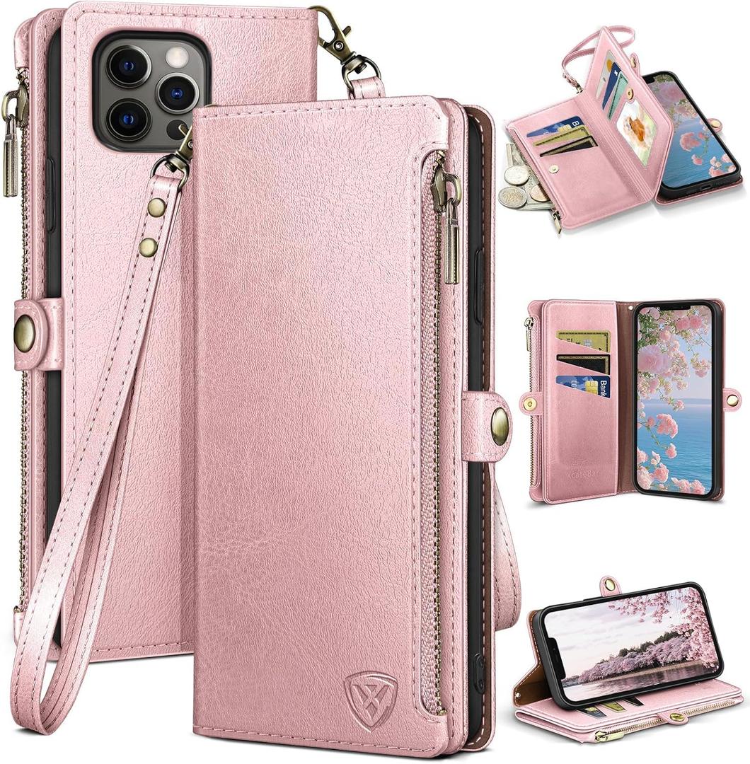 XcaseBar for iPhone 13 Pro 6.1" Wallet case with Zipper Credit Card HolderRFID Blocking, Flip Folio Book PU Leather Phone case Shockproof Cover Women Men for Apple 13 Pro case Rose Gold