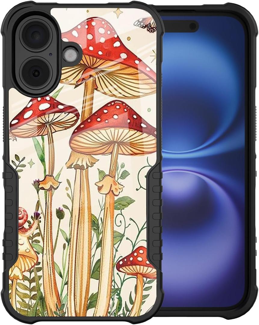 Mushroom Design Compatible with iPhone 16 Case Shock Absorbing Anti-Slip Waterproof Black Frame with Cute Soft TPU Aesthetically Artistic Acrylic Back Plate