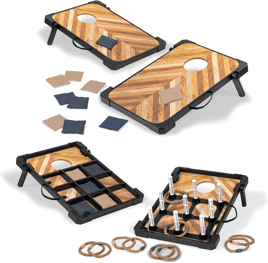 EastPoint 3-in-1 Bean Bag Toss Game Set - 2-Pack 23.5" x 17", Rustic Wood, Portable Carry Handles for Bag Toss - Versatile 3-in-1 Cornhole Sets & Ring Throw, Quick-Setup Flip-Out Legs for Outdoor Game