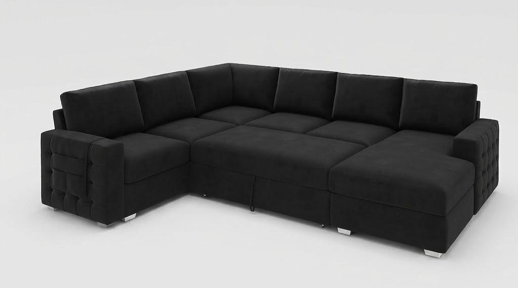 HONBAY Sectional Sleeper Sofa with Pull Out Bed U-Shape Sectional Couch with Storage Chaise 6 Seater Sleeper Sectional Sofa Bed, Velvet Black