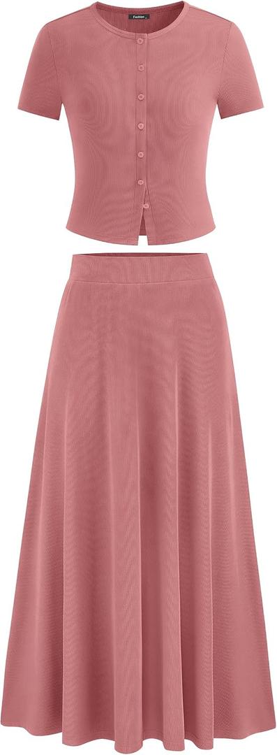 PRETTYGARDEN Women's 2 Piece Skirt Sets Summer Short Sleeve Button Up Knit Crop Top Flowy Maxi Skirts Travel Vacation Outfits (Pink, L)