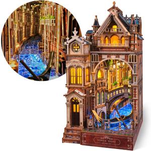 Venice Night Starlit Book Nook Kit  LED 3D Wood Puzzle with Infinity Mirror  DIY Bookshelf Decor, Miniature Craft Gift for Kids and Adults