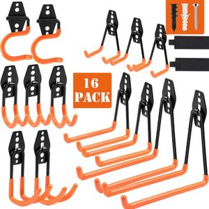 Upgraded 16 Pack Garage Hooks  Heavy Duty Steel Wall Mount Storage Organizer with Anti-Slip Coating for Power Tools, Garden Equipment, Ladders, Hoses, Bikes, and More  Max Load 100 lbs
