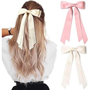 2PCS Silky Satin Hair Bows Hair Clip Beige Pink Hair Ribbon Ponytail Holder Accessories Slides Metal Clips Hair Bow for Women Girls Toddlers Teens Kids