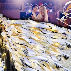 60PCS Light Up Wands,Wedding Wands Ribbon Streamers with 3 Colorful Flashing Modes,LED Silk Fairy Wands with Bells for Wedding Party Favors,Easter,July 4th,Birthday Decor(Champagne)
