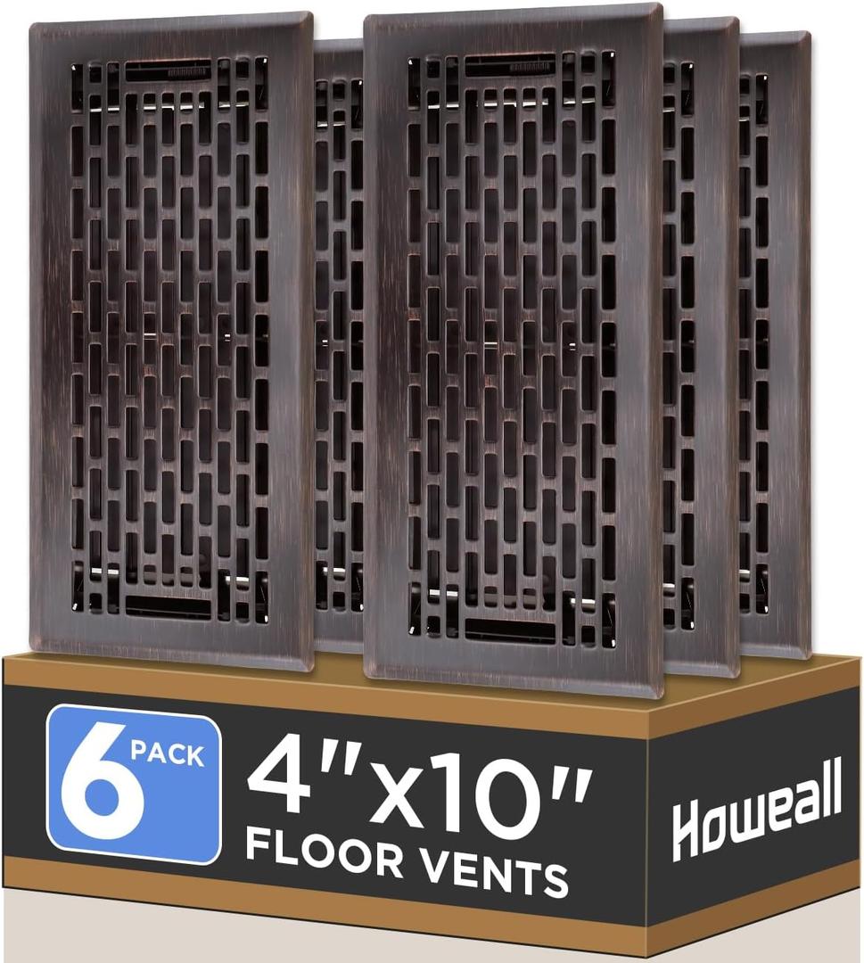 4x10 Inches 6 Pack Heavy Duty Walkable Floor Register - Easy Adjust Air Supply Lever Decorative Floor Vent Covers, Boston Design Vent Covers for Home - Oil Rubbed Bronze