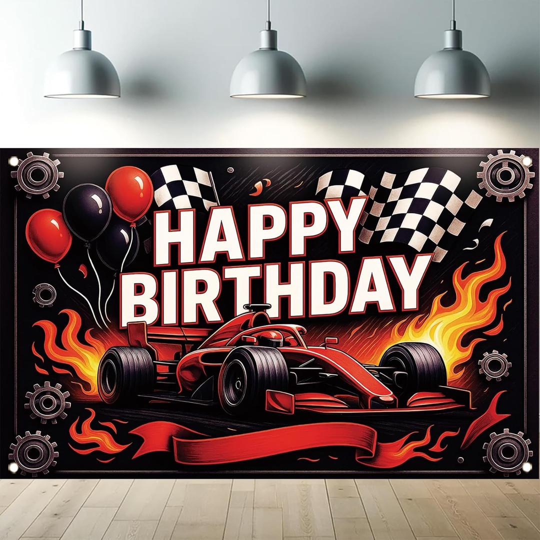 Formula 1 Racing Happy Birthday Backdrop Banner F1 Car Photography Background Racing Party Decorations Photo Booth Supplies 71x43 Inch