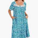 Long Nightgowns for Women Lace Collar Floral Print House Dresses with Pockets S