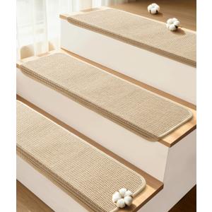 Bullnose Stair Treads for Wooden Steps: 14 Pack Bullnose Stair Carpet Treads Washable Non Slip Peel and Stick Carpet Runner for Wood Stairs 29.5"x9.5"x1.5" Beige and Natural
