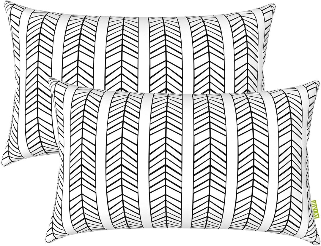 LVTXIII Set of 2 Patio Lumbar Pillows, 12x20 Fade Resistant Outdoor Lumbar Pillow with Inners, Fluffy Decorative Garden Lumbar Cushions for Home Patio Coach Sofa Use, Herringbone Black White