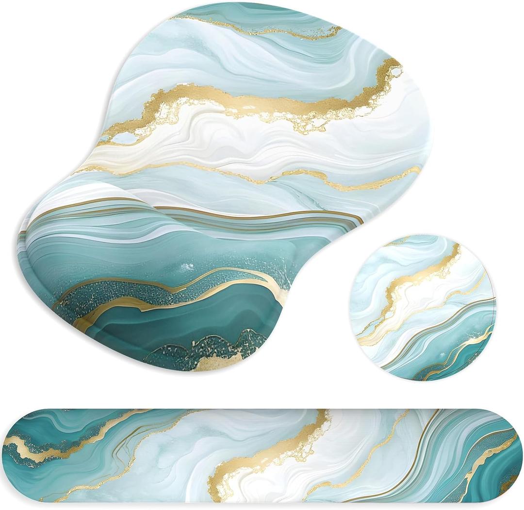 Ergonomic Mouse Pad with Wrist Rest and Keyboard Wrist Rest, Gel Mousepad and Wrist Rest for Computer Keyboard, Pain Relief, Non-Slip PU Base, Mouse Pad Wrist Support for Gaming, Blue Green Marble (Cyan Marble Set)