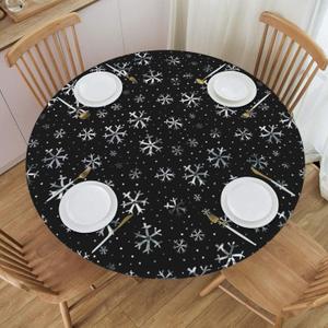 Winter Snowflakes Tablecloth with Elastic Edge, Round Table Cover Washable Reusable Christmas Table Cloths for Kitchen Dining Party, Small (Fits 40-44 in)