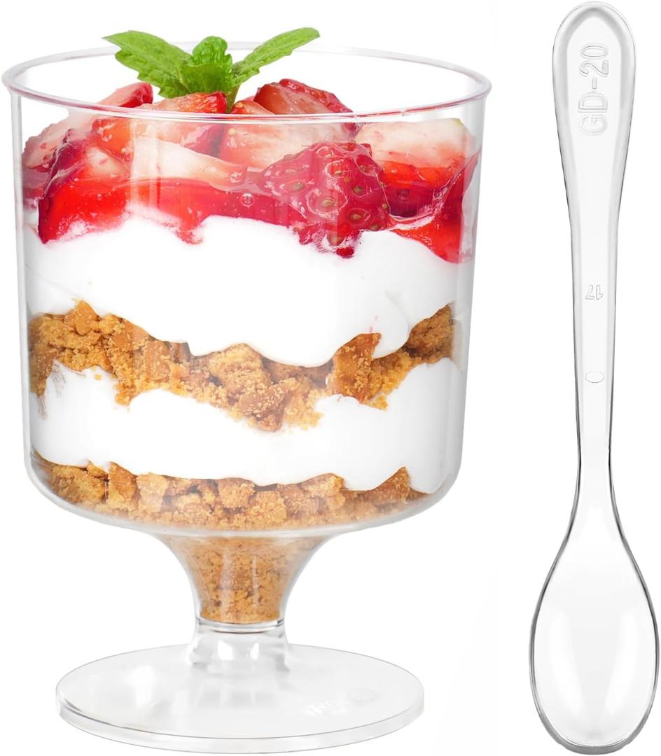 5 oz Mini Dessert Cups with Spoons, 40 Pack Small Dessert Cups Plastic Footed Glasses for Serving Trifles, Appetizers, Puddings, Mousse, Parfait