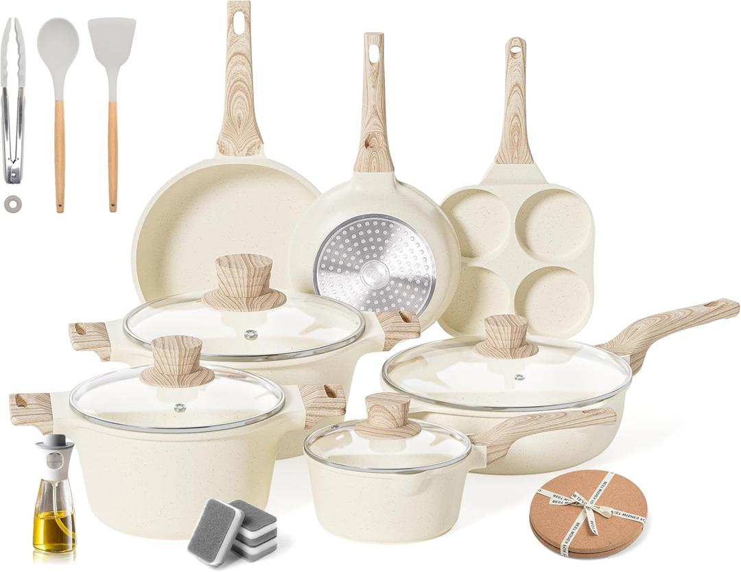 Caannasweis 20Pcs Cookware Sets, Nonstick Pots and Pans Set, Granite Induction Cookware, Non Stick Kitchen Cooking Set, Cream White Egg Pan Set, PFOS PFOA Free (20 Piece Egg Pan Set)
