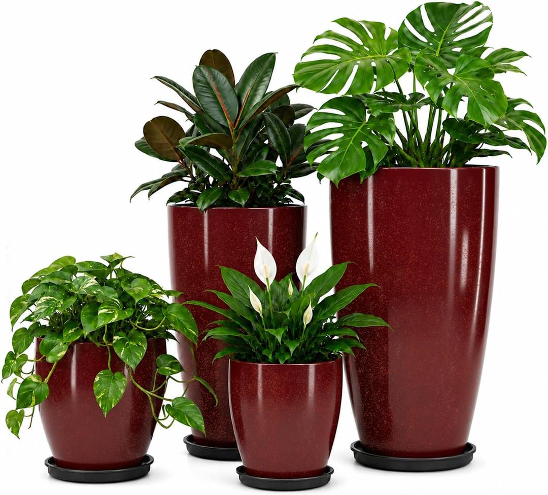 Usocik Large Outdoor Planters, Set of 4, 10/12/21/24 Inch, Wine Red