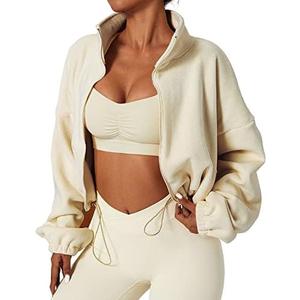 QINSEN Women's Full Zip Fleece Short Jacket Warm Winter Long Sleeve Stand Collar Sherpa Crop Coat M