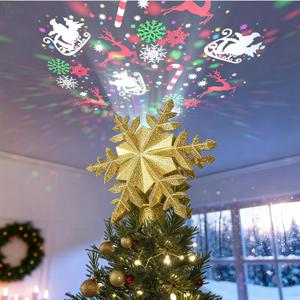 DG-Direct Christmas Tree Topper Lighted with 6 Projected Patterns, Led Rotating Magic Snowflake, 3D Hollow Glitter Lighted Silver Snow Tree Topper for Christmas Tree Decorations, Gold