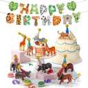Leinuosen 21 Pcs Safari Animals Happy Birthday Party Decorations 10 Animal Figure Model Cake Topper 10 Mini Party Hat, 1 Happy Birthday Banner for Mini Animals Themed Decor