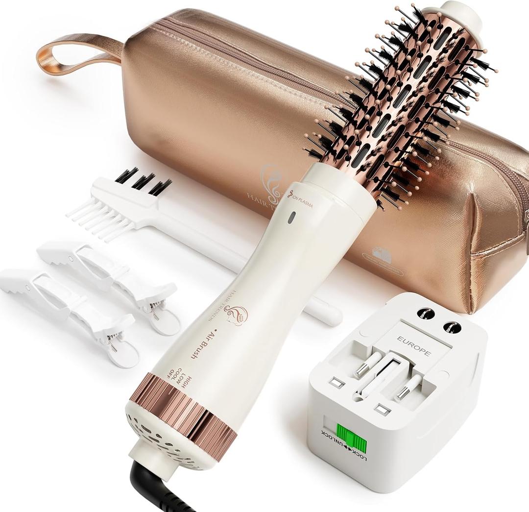 1.5 Inch Barrel (2.8 Plus Bristles) Dual Voltage(110~250V) Round Brush Blow Dryer, Hair Dryer Brush with European Plug Adapter, 4-in-1 Negative Ionic One Step Volumizer Dryer