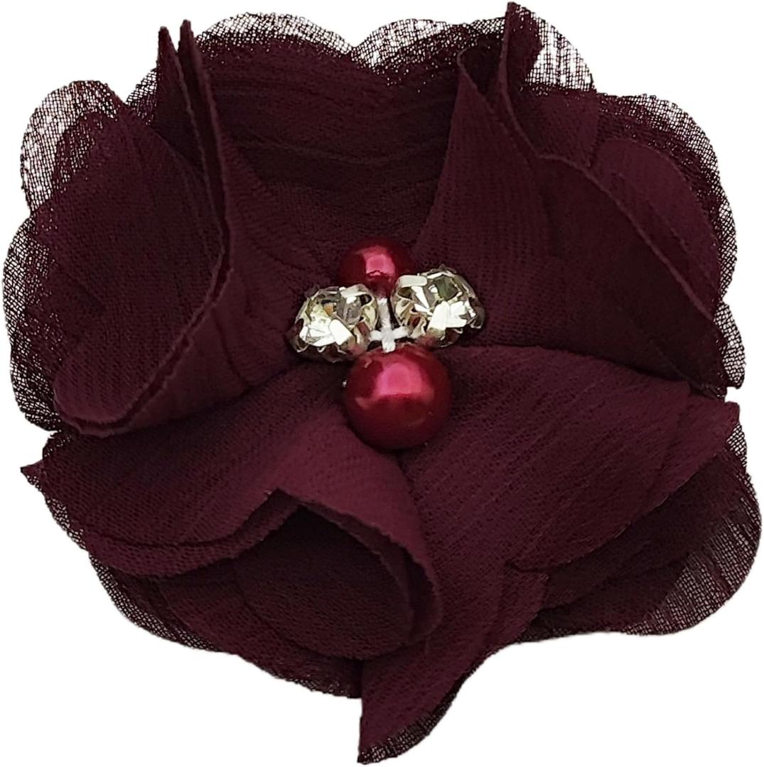 10 PC Burgundy Rhinestone Pearl Lace Petal Fabric Flowers Sewing Applique, 2.3 Inch