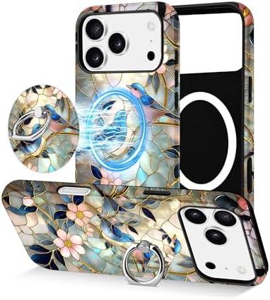 Jusy Compatible with Magsafe Stained Glass Phone Case for iPhone 17 Pro, Cute Aesthetic Magnetic Ring Holder Stand Case, Soft TPU and Hard PC Protective Phone Cover for Women Girls - Bird