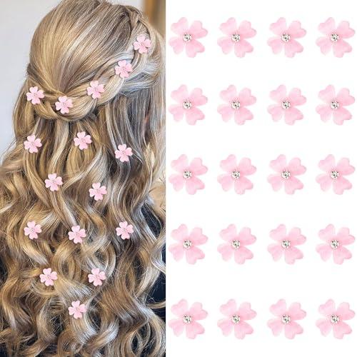 YISSION 20Pcs Mini Pink Flower Hair Clips with Rhinestone Cute Hair Pins Decorative Hair Clips Wedding Hair Barrettes Bridal Hair Accessories for Girls Women
