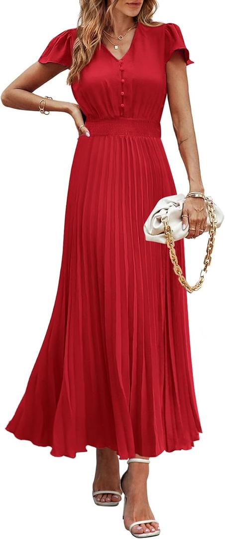 PRETTYGARDEN Women's Maxi Dresses 2025 Summer Trendy Cap Short Sleeve Button V Neck Casual Flowy Pleated Long Dress (Medium, Red)