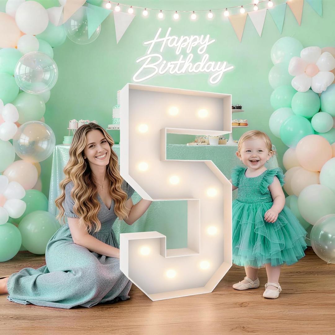 3FT Marquee Light Up Numbers 5,Party Decoration Large Marquee Light Up Letters with Weighted Water Bag,Pre-cut Foam Board Set Can Be Used for Birthdays,Weddings,Baby Anniversaries
