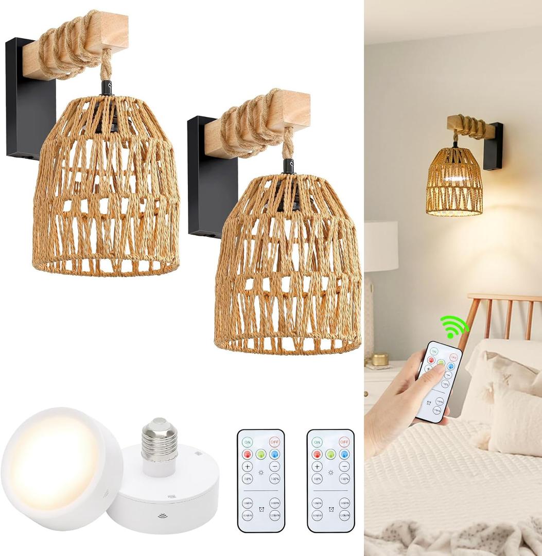 Battery Operated Wall Sconce, Boho Battery Wall Sconces Set of 2, Rattan Farmhouse Wall Lamp with Remote Control, Dimmable Wireless Wall Light for Bedroom, Living Room, Entryway