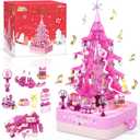 SpringFlower Christmas Tree Building Block Set, Rotating Music Box Christmas Tree for Boys Girls Adults, Xmas Gifts Decorations for Kids Adults Teens, Pink, 594 PCS