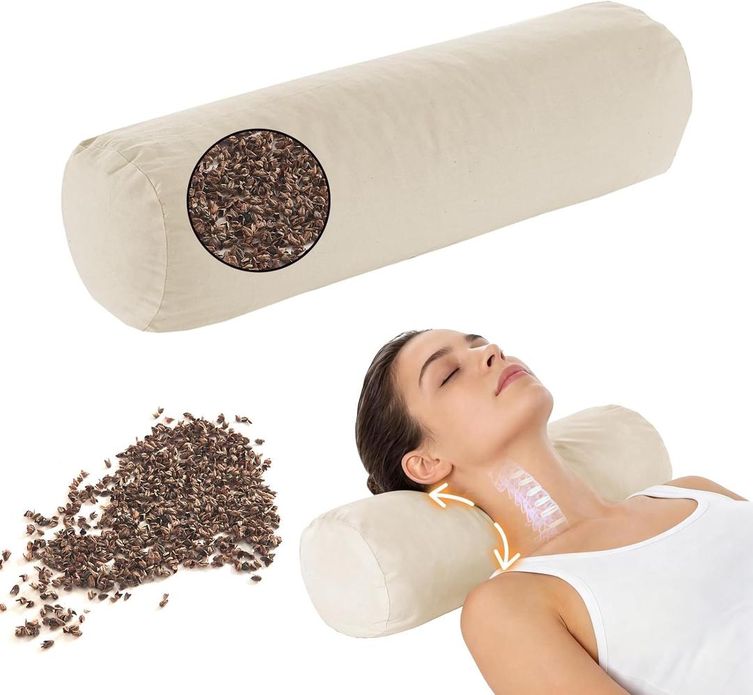 LOFE Buckwheat Pillow - Adjustable Buckwheat neck Pillow(17x6) to Provide Firm Support, Neck Roll Pillows for Side and Back Sleepers, Cylinder Bolster Pillows with Organic Pillowcase