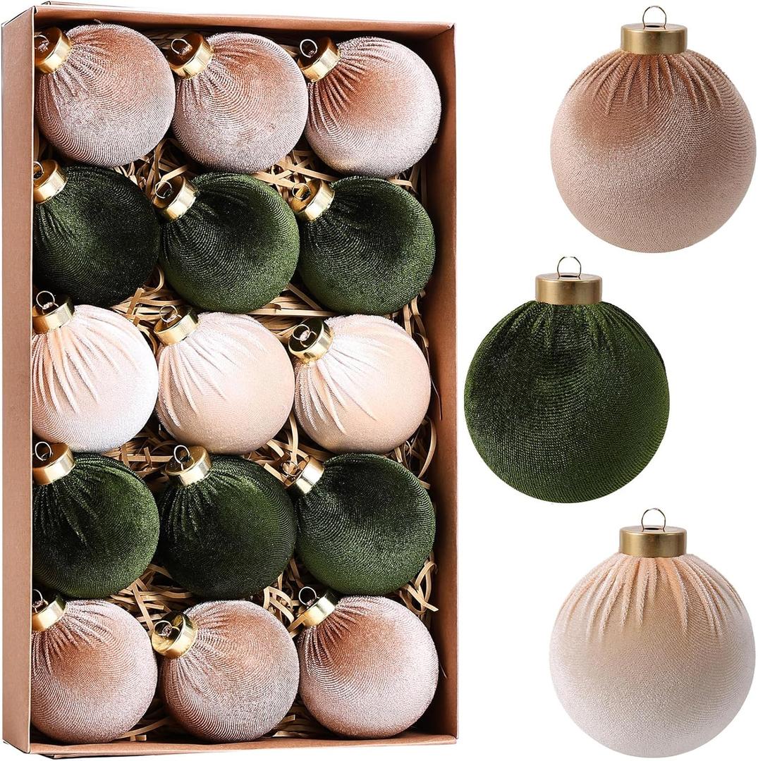 21Pcs Velvet Christmas Ball Ornaments 3.15" Shatterproof Christmas Tree Decorations Set with Paper Ornaments Hanging Xmas Decorations for Office Holiday Home Decor(Dark Green, Champagne, Kaki)