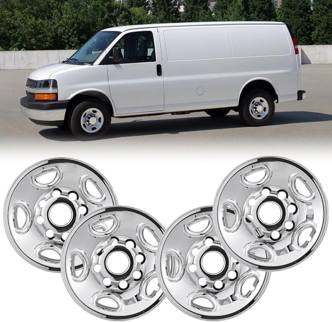 16inch Wheel Skins for 2003-2014 Chevy Express/Savana G1500 G2500 G3500 H1500, 15-25 Express/Savana 2500 3500 Chrome Wheel Covers Sets of 4, Snap-on Wheel Skin Replacement Set