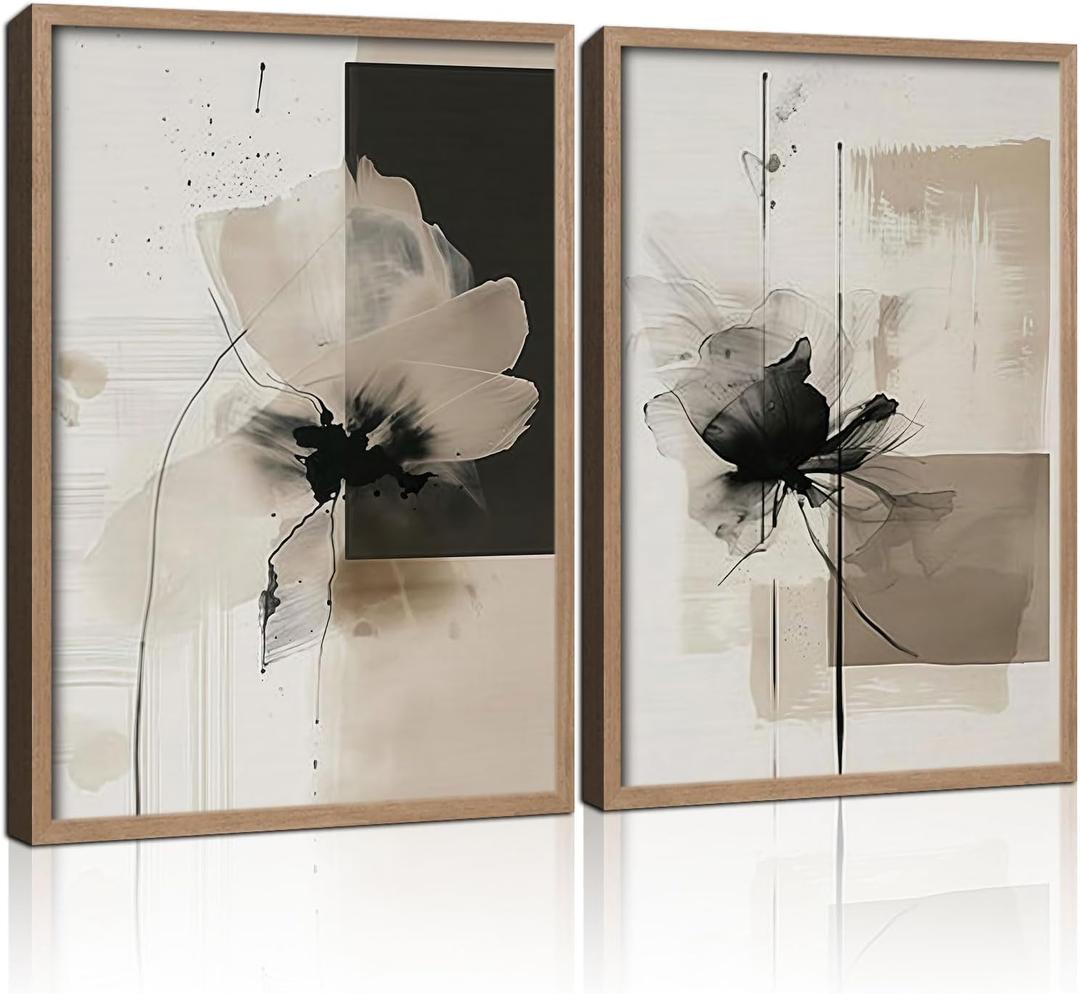 2Pcs Framed Black and White Flower Abstract Wall Art Modern Neutral Canvas Prints Posters Pictures Gallery Wall Decor Living Room Bedroom Office Apartment 16X24 Inch Ready to Hang