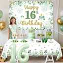 Sage Green 16th Birthday Decorations Greenery Happy Birthday Backdrop Green Leaves Olive Neutral Tablecloth Sash Crown Glitter Cake Topper 16 Foil Balloon Kit for Girls 16th Bday Party Supplies