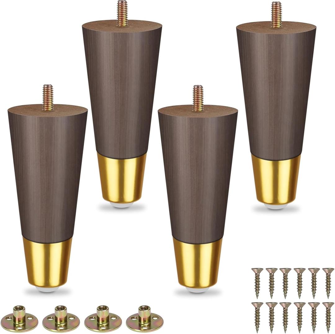 JAMIEWIN Wood Furniture Legs 6 Inch Set of 4, Wooden Sofa Leg with Gold Caps, Mid-Century Modern Replacement Feet for Couch Dresser Cabinet Coffee Table TV Stand Armchair Ottoman etc (Walnut)