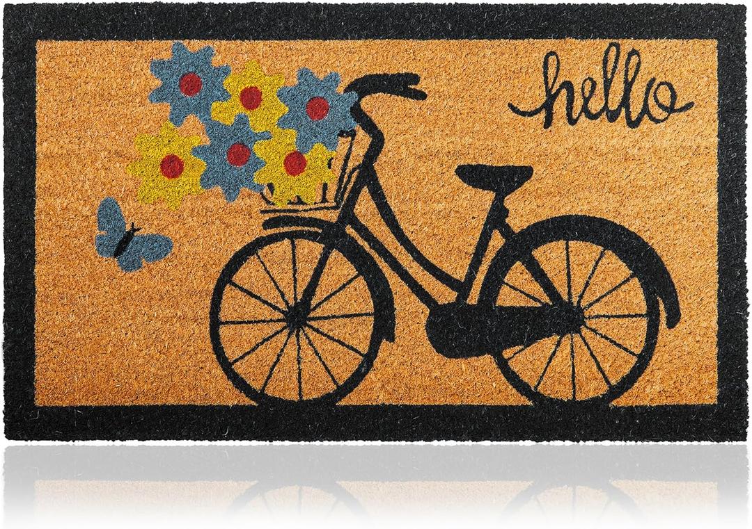 Bicycle - 17"x29" - Coir Door Mat with Heavy Duty Backing - Welcome Mats for Entryway, Porch - Anti-Slip PVC & Coconut Fiber Surface - Natural Home Accessories, Minimalist Original Design