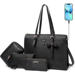 Keyli 4pc Sets Laptop Bag for Women Large Leather Laptop Briefcase with USB Charging Port Computer Shoulder tote Bags Purse