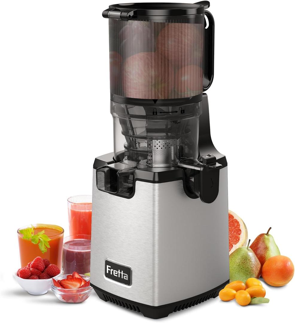 Cold Press Juicer Machines,Fretta Slow Masticating Juicers with 5.3" Large Feed Chute Fit Whole Fruits & Vegetable Easy Clean Self Feeding Juice Extractor,Tritan Material BPA Free 250W,Stainless Steel (Silver)