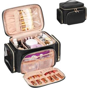 Bagmoly Large Makeup Bag, Portable Travel Makeup Bag Organizer for Women Girls with Makeup Brush Compartment & Two Side Pockets, Cosmetic Travel Bag Vertical Storage Toiletry Bag - Black