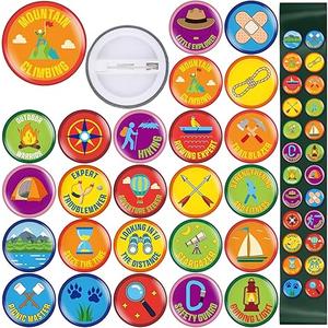48 Pcs Spring Camping Party Favors 1 Inch Scout Camping Pins Bulk Adventure Hiking Style Pin Outdoor Theme Decor for DIY Costume Backpack Scout Event Adventure Birthday Supplies