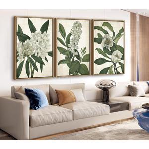 Large Framed Canvas Wall Art - Natural Float Framed White Flowers Green Leaves Pictures Decor Simple Botanical Plants Artwork for Living Room Bedroom Kitchen Home Office Decoration 60" X 28" Set of 3, 20" X 28" X 3pieces Framed