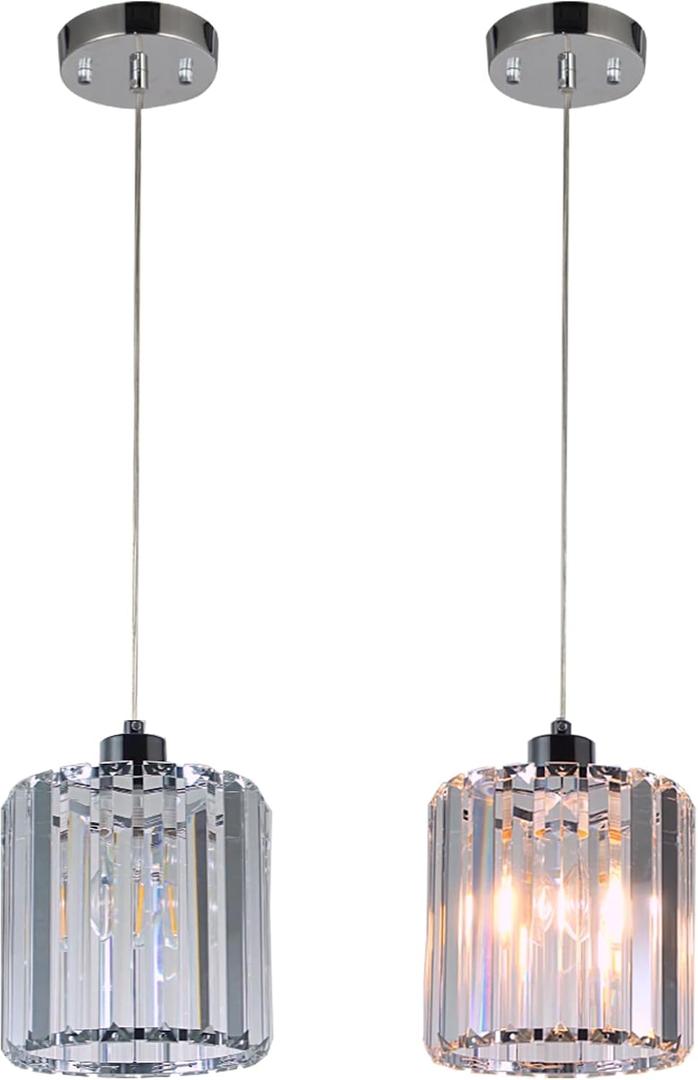 2-Pack Crystal Pendant Lights, Modern Chrome Finish, Adjustable Cord Pendant Light for Kitchen Island, Living Room, Hallway, Dining Room, Bedroom, Bar (Silver)