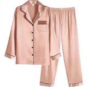 Ekouaer Women Satin Pajamas Set Classic Button Down Long Pjs Set, Size S