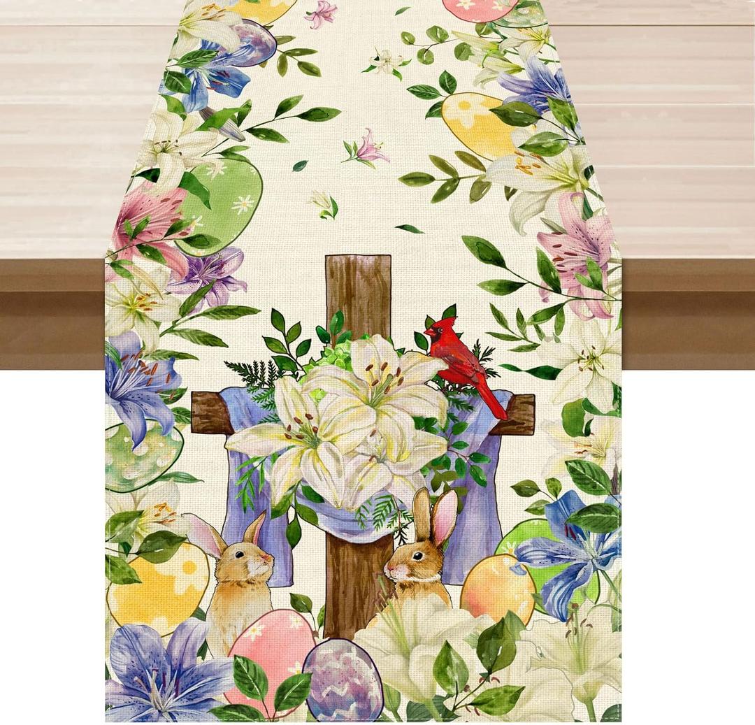 XCHI Bunny Flowers Cross Eggs Rabbit Easter Table Runner Table Decoration for Party Home Kitchen Dining Holiday Decor 13x90 Inch