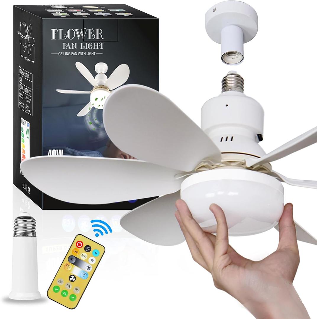 Socket Ceiling Fan with Light, 20.5in Screw Ceiling Fans with Lights, E27/E26 Base Small Ceiling Fan with Remote, LED Mini Ceiling Fans for Bedroom/Garage/Kitchen(White)
