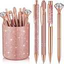 Sabary 8 Pcs Ballpoint Pens with Pen Holder for Desk Metal Crystal Diamond Pen Glitter Pencil Holder Fancy Pens Black Ink Bling Desk Organizer for Women Girls Office School Wedding Gifts (Rose Gold)