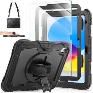 Ambison Case for iPad (A16) 11th/10th Generation 11"/10.9'' 2025/2022,Heavy Duty Shockproof Case with Tempered Glass Screen Protector, 360 Rotating Handle Strap&Stand,Shoulder Strap-Black