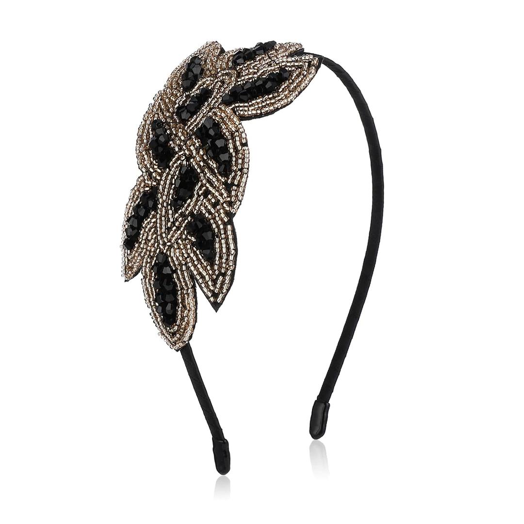 1920s Headbands for Women Christmas Black Crystal Hairband Rhinestone Flapper Headpiece 20s Vintage Hair Valentines Accessory for Girls Costume Party (Black Gold)
